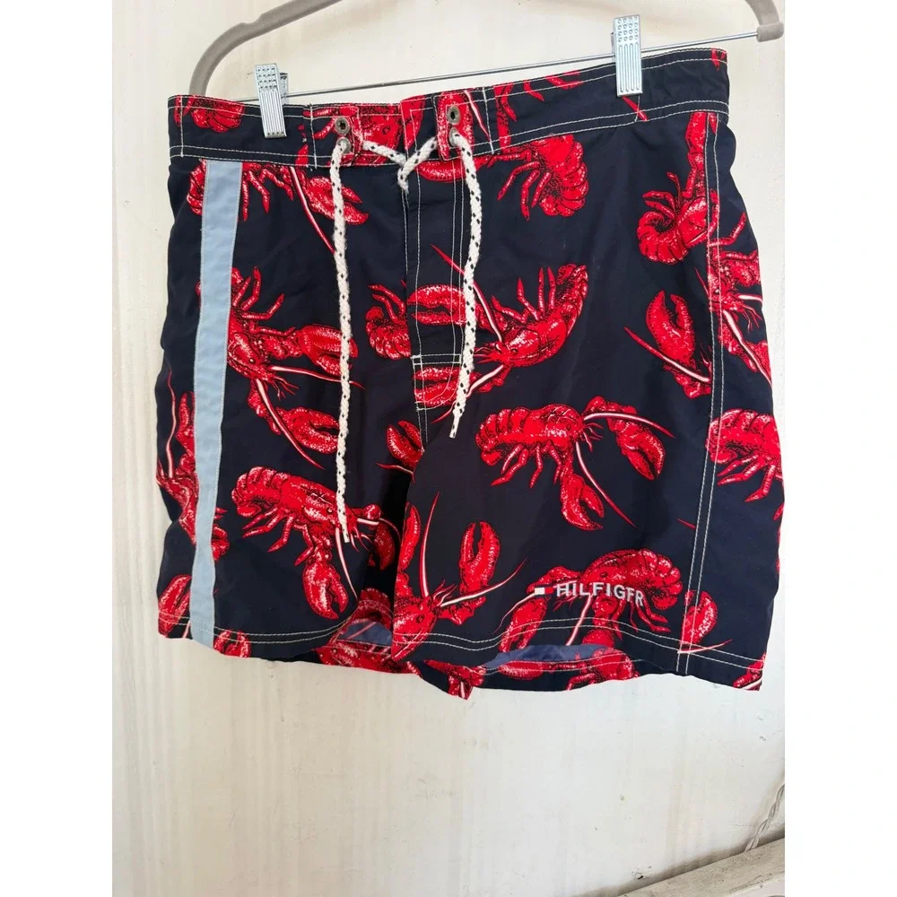 Tommy Hilfiger Mens Navy Blue Lobster Print Swim Trunks Board Shorts Size Medium